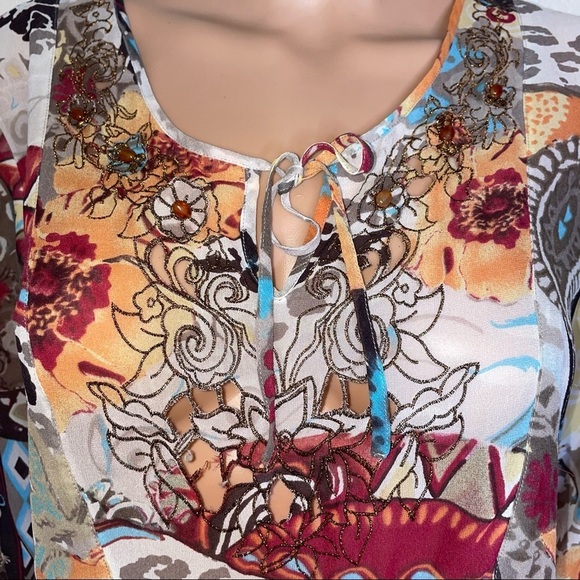 CHICO'S Silk Key-Hole Blouse Top Taupe Ivory Orange Maroon Aqua Yellow 100% silk - Picture 6 of 7